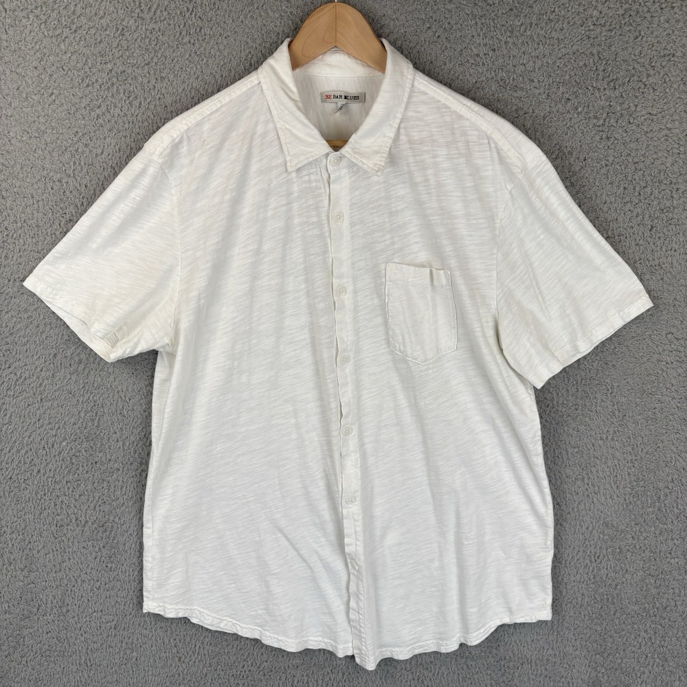 32 Bar Blues Shirt Men Large White Short Sleeve Button Lightweight Beach Boating